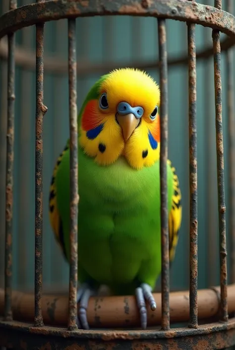 green and yellow budgie on the side, in the middle of a cage in poor condition

