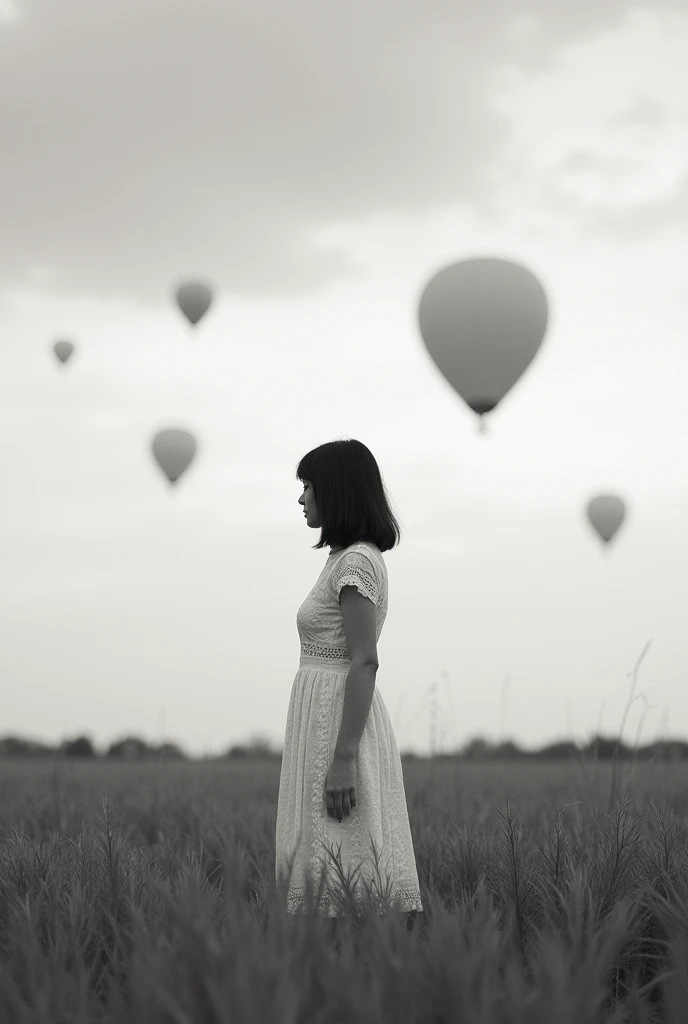 **Monochrome, standing, back view, medium length straight hair, white lace dress, no visible accessories, looking into the distance, outdoors, grass field, multiple balloons, cloudy sky, natural lighting, nostalgic atmosphere, minimal shadows, medium angle...