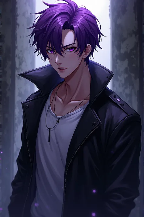 I want a badass and sexy anime boy character with purple hair, that he&#39;s in a bad boy position and that deep down he&#39;s dark and purple