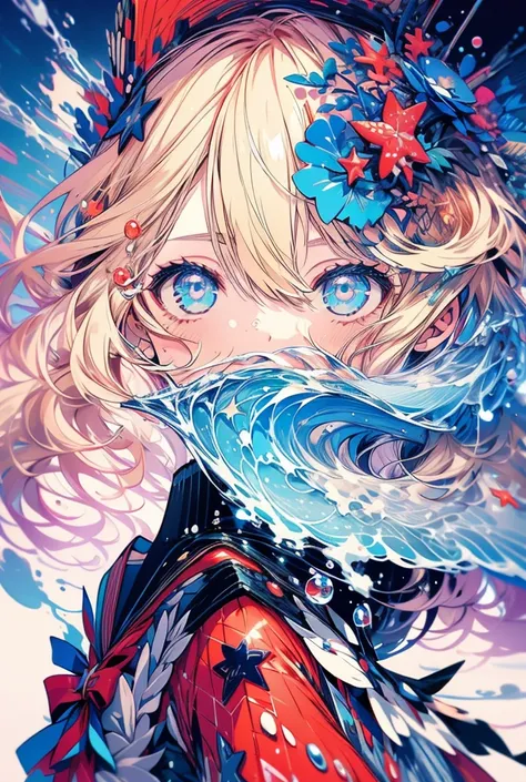 One girl, High-resolution model, Red eyes，water droplets，water droplets，Starlight，Sailor suit，Blue Rose，Stars in my eyes，Coral Reef，Blonde，Illustration effect for posters and magazines, musical instrument，