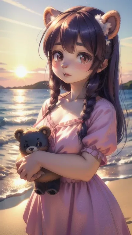 There is a woman holding a teddy bear on the beach., Kawaii realistic portrait, cute anime girl, visual anime of a cute girl, soft anime cg art, Guweiz style artwork, portrait of cute anime girl, beautiful portrait, beautiful portrait animado, beautiful an...