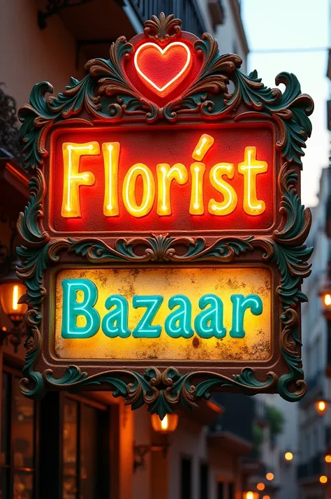 Sign that says in Spanish , florist in the upper subpart in its central part Pia. And in its lower part bazaar , Everything in Spanish , letters and surround letters 