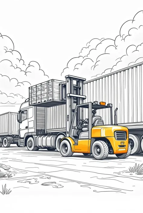 coloring page of a forklift truck unloading cargo from a large truck.