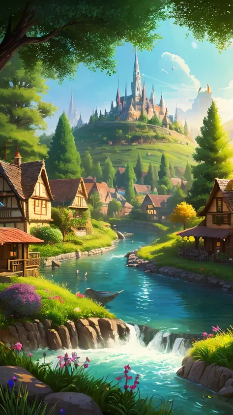 colorful forest，Cartoon illustration of fantasy forest with tree house and stream, colorful concept art, Made of trees and a fantastic valley, background art, fairyland forest, stylized concept art, A mesmerizing magical fantasy forest, magical fantasy 2d ...