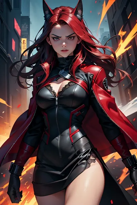 In a vividly vivid portrayal of a fierce Avenger, Lauraelizabeth, as the Scarlet Witch, stands out in a black lace dress complemented by an open red leather jacket. This striking 8k UHD photograph captures her commanding presence during a model photoshoot....