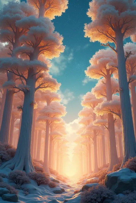 Illustration of a hyperrealistic, otherworldly, ultrasky scene featuring a forest of giant pale trees full body, very detailed and magical lighting, intricate forest details, white and gold vegetation, solarpunk, landscape, giant tree, beautiful leafy with...