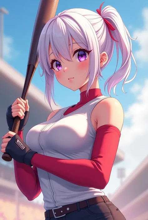 HD、Animation style、white hair 、Purple Eyes、girl、High school student 、single ponytail、Baseball player、Light-colored tops、Long sleeve red underwear、plump breasts、Fingerless gloves、batting ball、Good shape