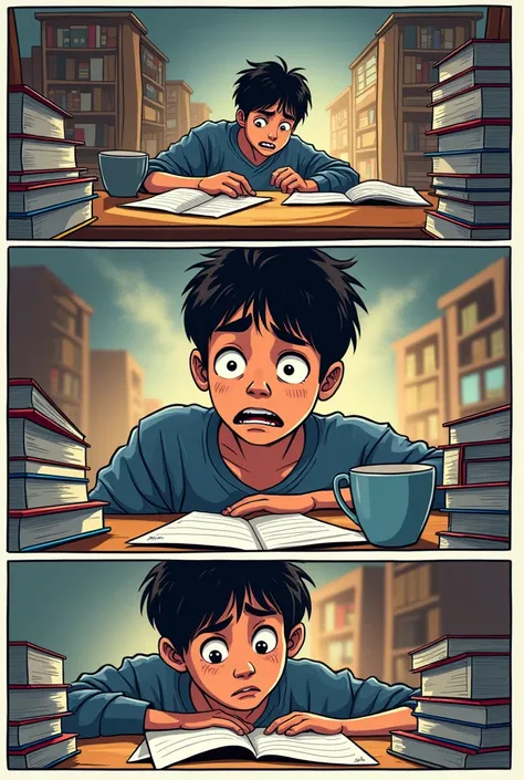 Comic story panels showing: student having a academic pressure and loaded of school works