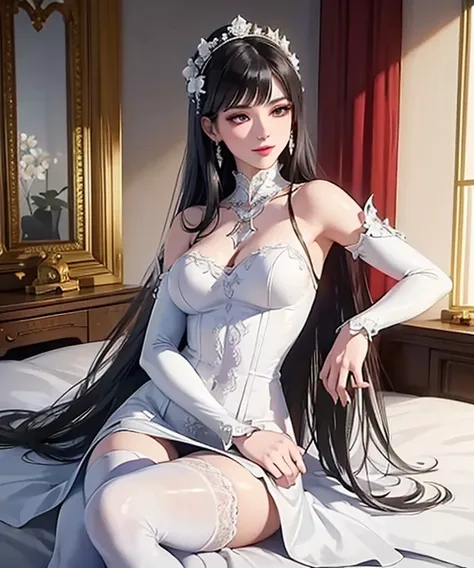 18k, a woman beautiful dress, ((white dress and black stocking)), white flowers in head up, smile, realistic  high detailed, ultra realistic, indoor room bed sleep