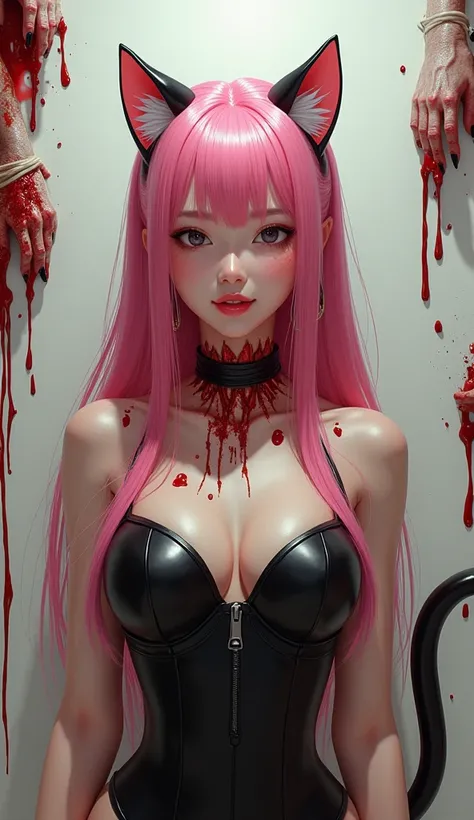 (((photorealistic:1.4))), ultra realistic, pores, (((masterpiece))),high quality, ultra details, realistic white skin beautiful big smile face pretty korean idol girl with strong long sharp black shiny fingernails,long pink hair, blood on body, nude, blood...