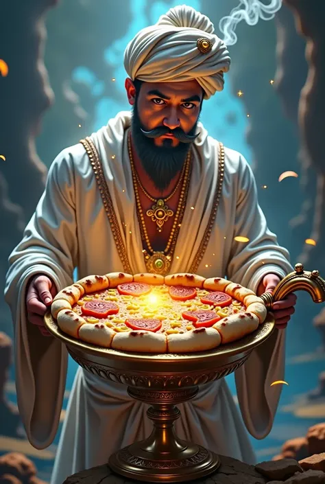 Genie in a lamp holding a pizza in his hand 