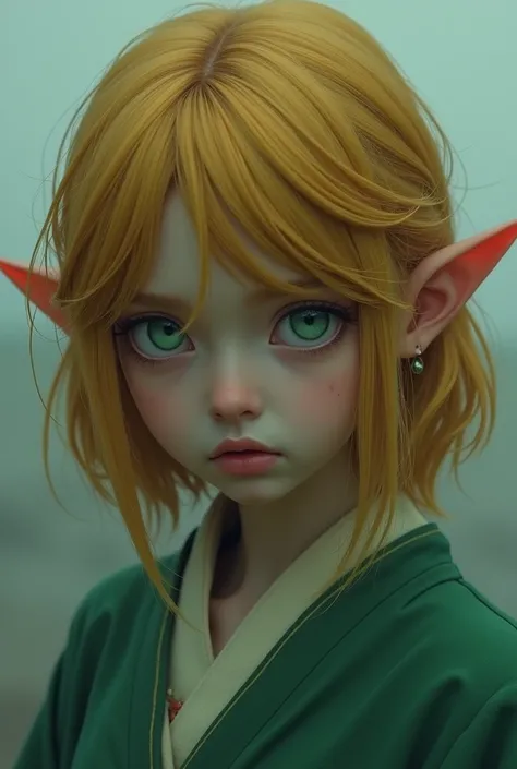 Depressed girl、Japanese、Beautiful girl、Bright golden hair、short hair、I can see your forehead、Pointed Ears、Green robe、Princess Zelda、Extreme close up、Face close-up、Real、cloudy、Highest quality、masterpiece、live-action