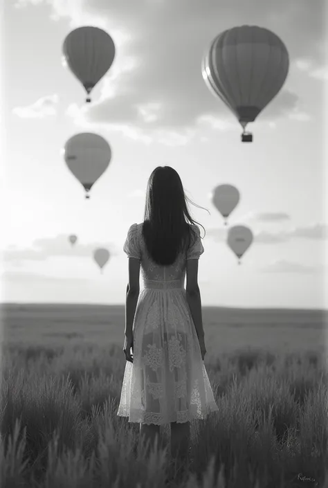 A woman stands in a field of tall grass, turning her back with her straight hair flowing gently. She wears a white lace ((sheer dress)), her hands at her sides, and looks toward the horizon where several balloons float in the cloudy sky. The monochrome ima...