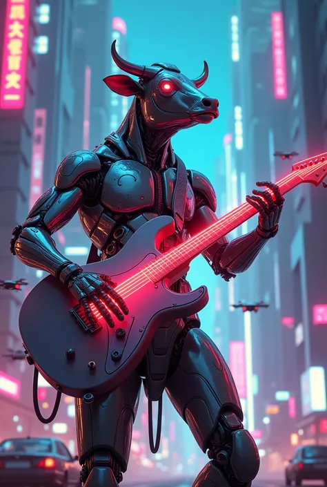 Cow playing guitar in futuristic style 