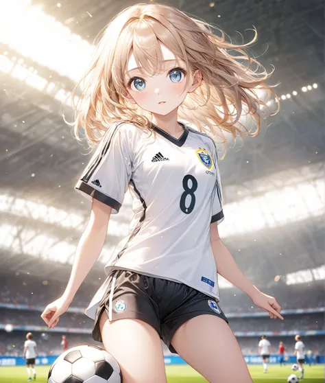 (The highest quality,8k,32K,masterpiece,Ultra-high resolution :1.2 ),born,One girl,Super cute,Natural light,Clear, shining eyes,20-year-old,Fair skin,Soccer fantasy background,Soccer uniforms,Soccer Wear