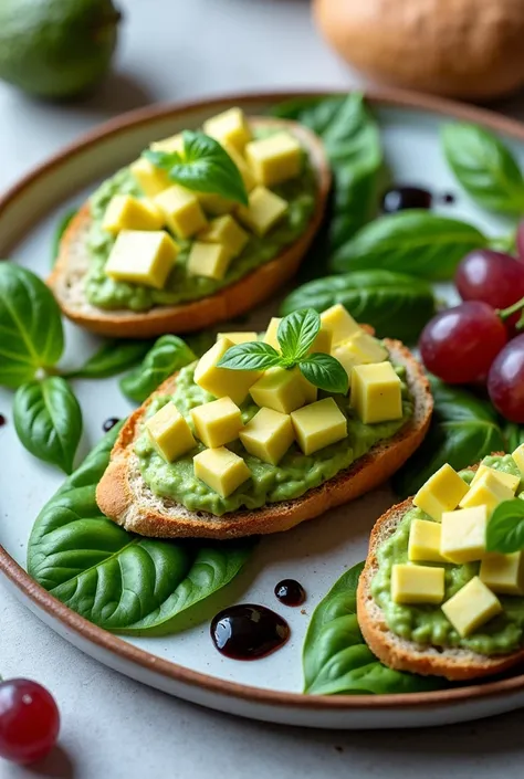 A plate containing sliced bread, a portion of the rest with basil leaves around it, avocado chunks on top of bread, a few grapes decorating the plate and a few drops of black sauce 
