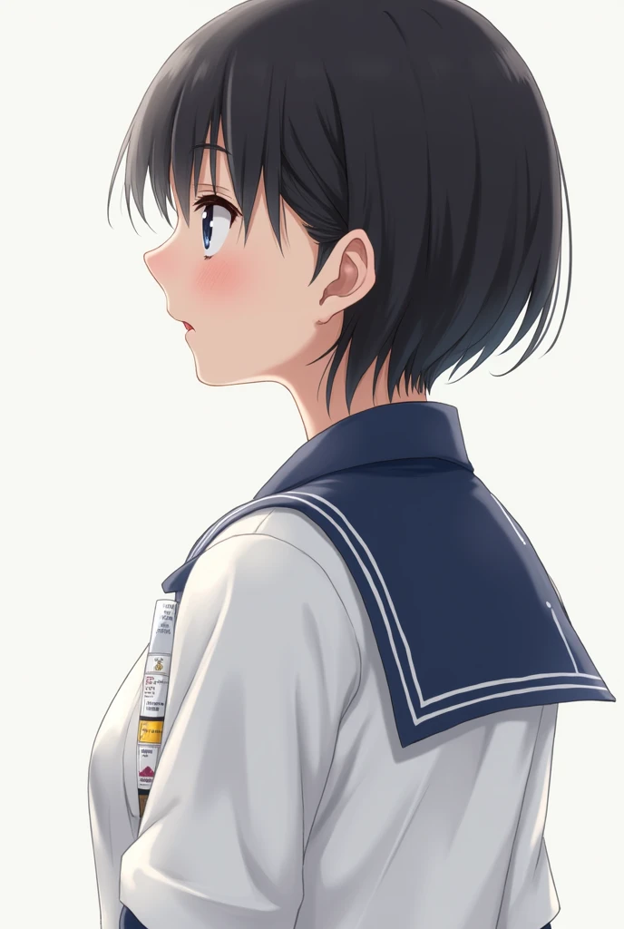 Profile of a student in a white and navy blue uniform 