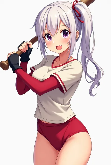 HD、Animation style、white hair 、Purple Eyes、girl、High school student 、single ponytail、Baseball player、Light-colored tops、Long sleeve red underwear、plump breasts、Dark fingerless gloves、batting、Good shape