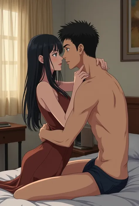 CRIE , 30 year old woman with thin black hair wearing a long brown dress,with a 30 year old man, thin, very short hair,black eyes inside a motel on the bed, and the woman on all fours in bed in anime format