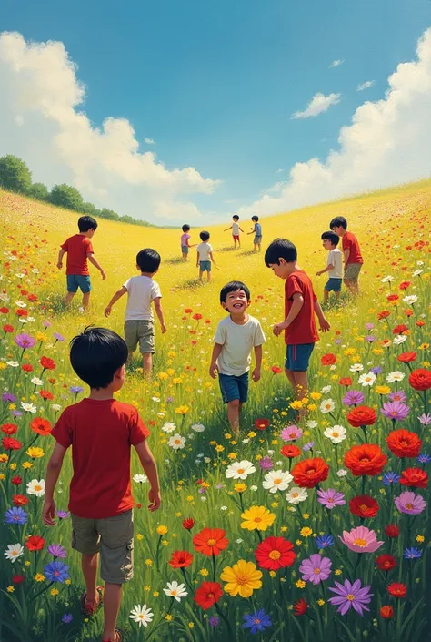 An impressionism art — 12 boys in the field of flowers 