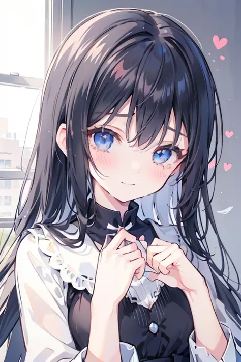 blush, smile, Long hair, black hair, Love, fringe, Horse tail, blue eyes, shedding tears, emotional, naughty face, heart in the eyes, illustration, 