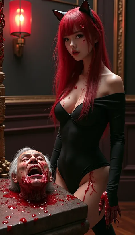 (((photorealistic:1.4))), ultra realistic, pores, (((masterpiece))),high quality, ultra details, realistic white skin beautiful face pretty korean idol girl with strong demon hand claws, blood on hands, long red hair, nude, blood on skin, wearing catsuit, ...