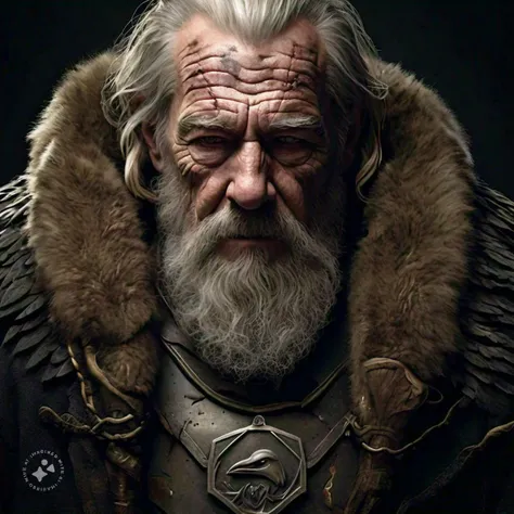 A 4 man with features marked by time, like deep wrinkles and a gray beard. He wears a black bearskin cape over his iron breastplate., that gives you protection from the cold. In the center of his breastplate, An emblem of a black raven stands out, symboliz...