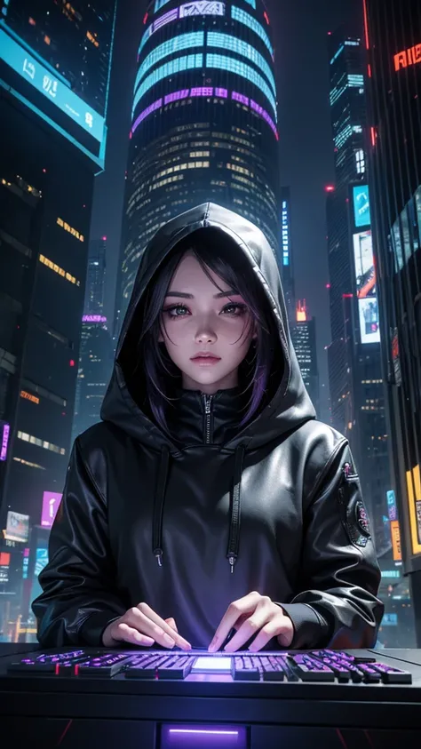 Amidst the towering skyscrapers of a cyberpunk metropolis, a beautiful hacker with half of her face enhanced with cybernetic implants, donned in a futuristic hoodie, manipulating holographic keyboards and interfaces with effortless grace