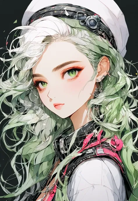 (Masterpiece:1.2, Best quality), (real photo, Intricate details), (1lady, solo, Upper body, small breast) ，all body，clothes：advance guard，advance guard，Experiment with appearance：White hair, long white hair, quiet, puzzled face, kind smile, green clothes, ...