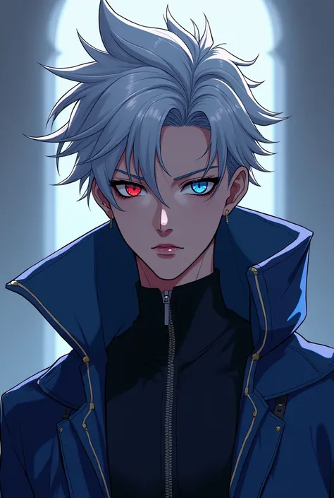 A handsome black skin male anime character with silver hair and two different color, eyes red on the right eye and blue on the left eye wearing cool clothes full body ￼