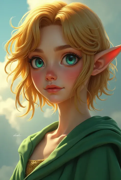 Active girl、Beautiful girl、Bright golden hair、Shortcuts、I can see your forehead、Pointed Ears、Green robe、Princess Zelda、Extreme close up、Face close-up、Real、cloudy、Highest quality、masterpiece、live-action