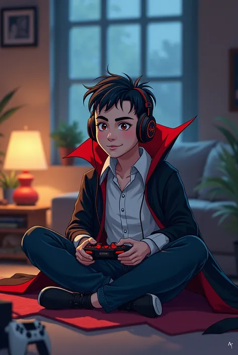 Create a cute drawing of Dracula without a horn playing video games with headphones sitting on the floor