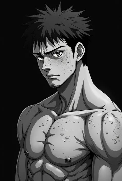 black and white anime, with black background, Muscular man sad because his face is full of acne