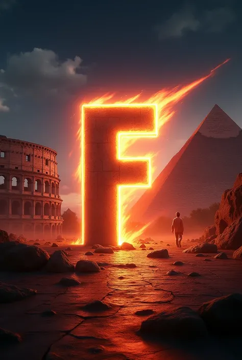 Uma imagem para um canal do youtube chamado Flashes of History, that talks about facts of history. Place background elements like the Roman Colosseum, a pyramid. Put the letter F in the spotlight and some kind of flash coming out of it going towards the le...