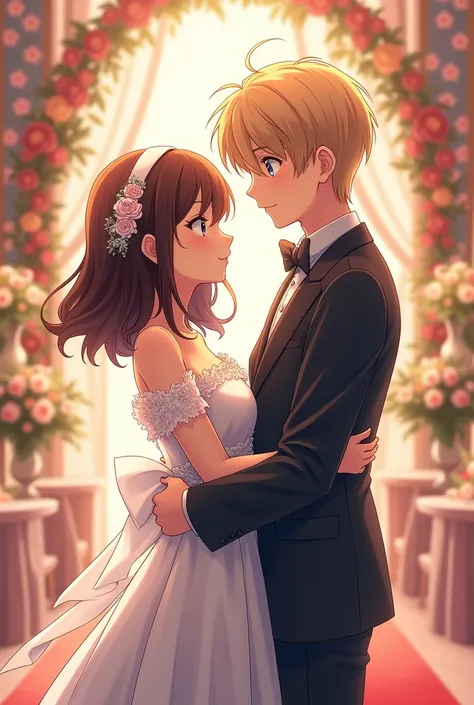 A woman with brown eyes, with medium-long brown hair, his skin color a little white, with his tall partner, blue eyes, Blonde with medium short white hair at an anime wedding