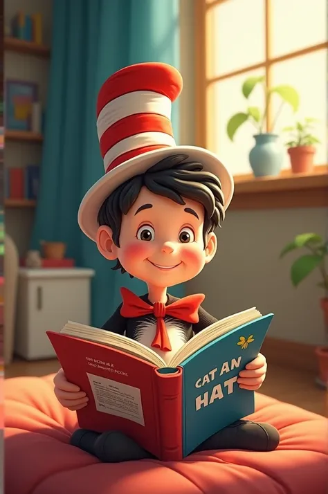 Happy kid is reading "the cat in the hat" story book. Cartoon image 