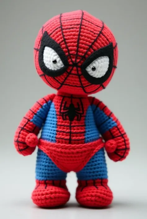 Please make a picture of a spiderman amigurumi with his mask on without the suit, only with a red thong. do it from the front and from the side