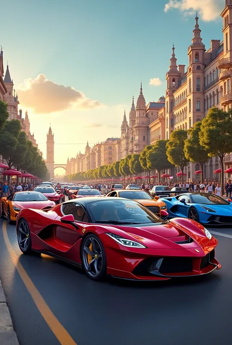 5 sports car brands Ferrari, Pagani, bugatti, Lamborghini, mclarren and in the background Barcelona 