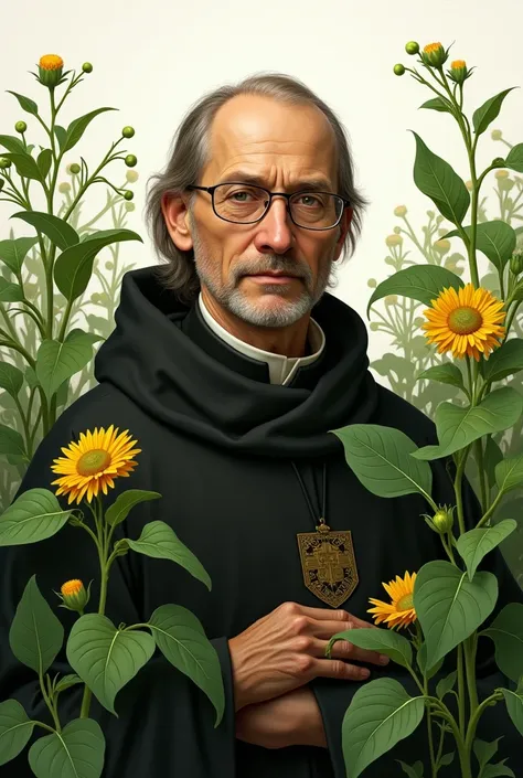 create a picture with Gregor Mendel and yellow and green peas, on a white background, he was a religious monk, who wore glasses, and remove that pencil Mendel is considered the father of genetics, because he discovered several things about heredity. 
he ha...