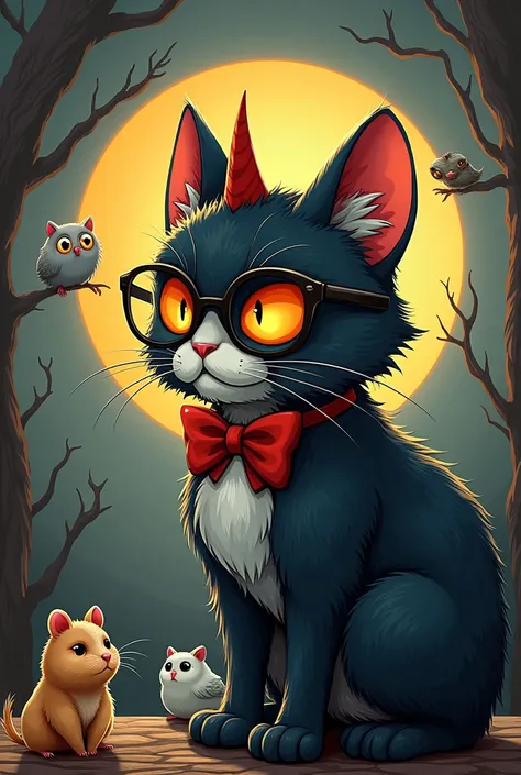 a cat with glasses and a bow on its head, dating app icon, half - demon horn, stoic and calm, two heads one body, motion graphics, angry and helpless, orange eyes, japanese horror, hamster, absurdism, owls, viewed in profile, developers, father figure imag...