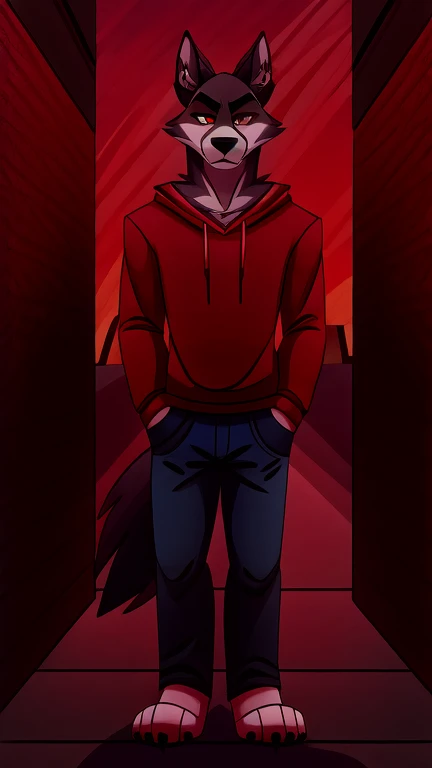 (masterpiece, best quality:1.2), Vortex male hellhound, black fur, wolves, furry, helluva boss, sad face, wearing blue jeans and white t-shirt with red sweatshirt, standing in front of a street waiting, full body image, hell streets red green sky backgroun...