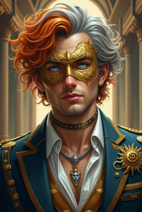 A man with orange and grey mixed messy curly hair, some grey hair strands, dotted freckles on the bridge of his nose, bright blue eyes that holds confidence, a golden masquerade on his face, silver necklace on his neck hidden in the white shirt, metal stra...