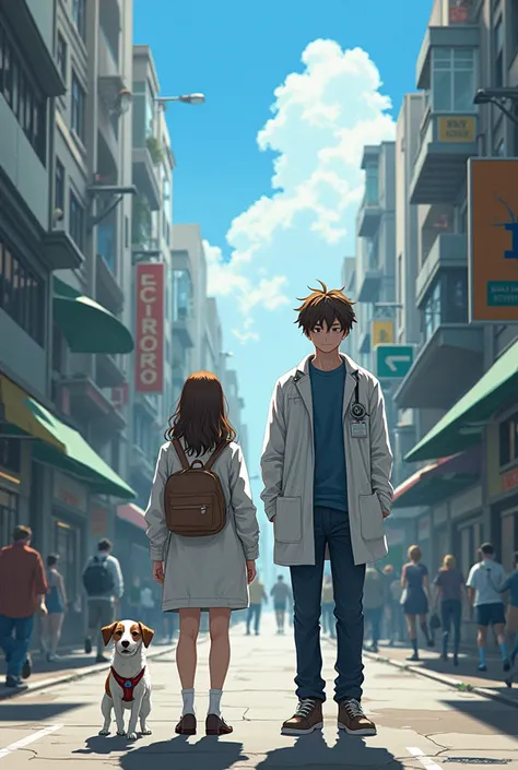 a chemical engineer girl, of Brown hair, average height, with lab coat and chemical laboratory accessories .. accompanied by her best friend (A boy who passed away but is always with her, the one taller than her, short hair, lighter skin than hers, brown h...