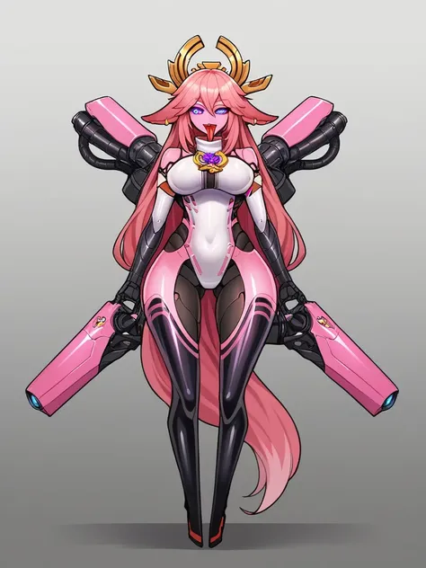 Score_9, score_8_up, score_7_up, score_6_up,  source_anime, solo, 1girl, upper body, portrait, BREAK, (machina), robot, glowing eyes, long mechanical tongue, sharm girl, BREAK,  machina, machina corruption, transformation, yae Miko, pink skin, robot arms, ...