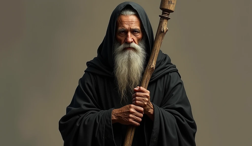 create an image of saint anthony with black clothes , a stick in the hand of an old man with a long beard