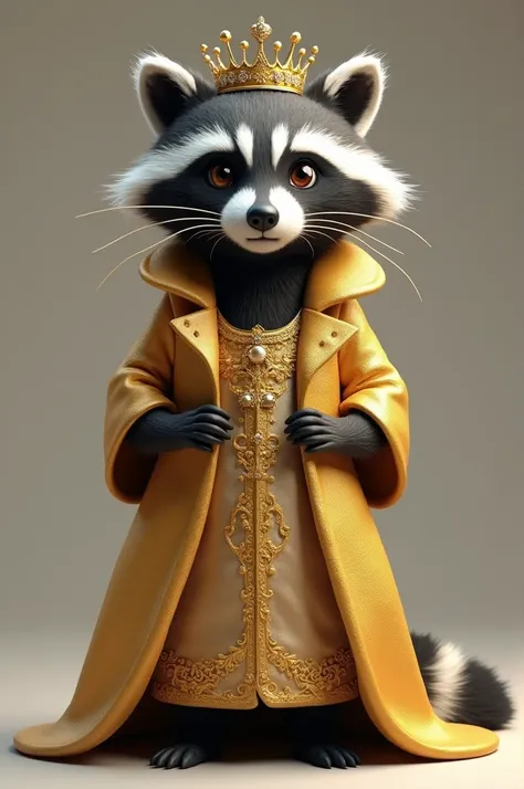 Create a 3d image of a raccoon wearing a gold dress and a gold tiara 