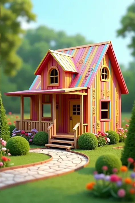 Create a modern popsicle stick house with stairs and porch
