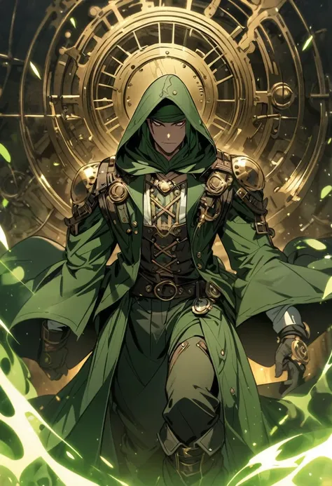 hooded man in green steampunk robe