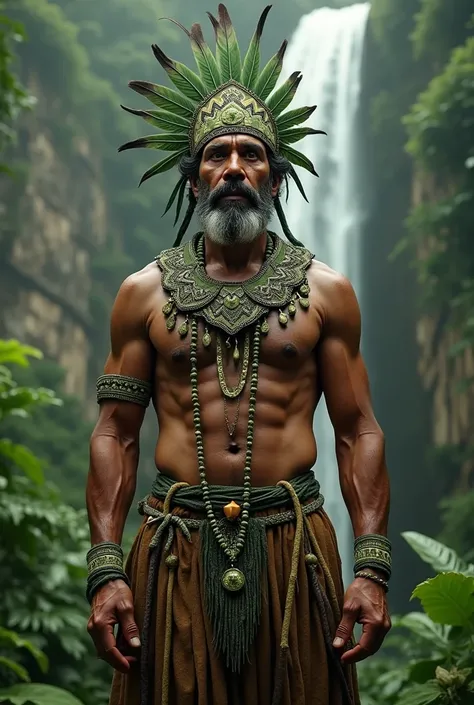 Make an adult Brazilian indigenous man with a large necklace from his tribe that goes past the navel in green colors and an indigenous headdress. The background scenery is a forest next to a beautiful out-of-focus waterfall.