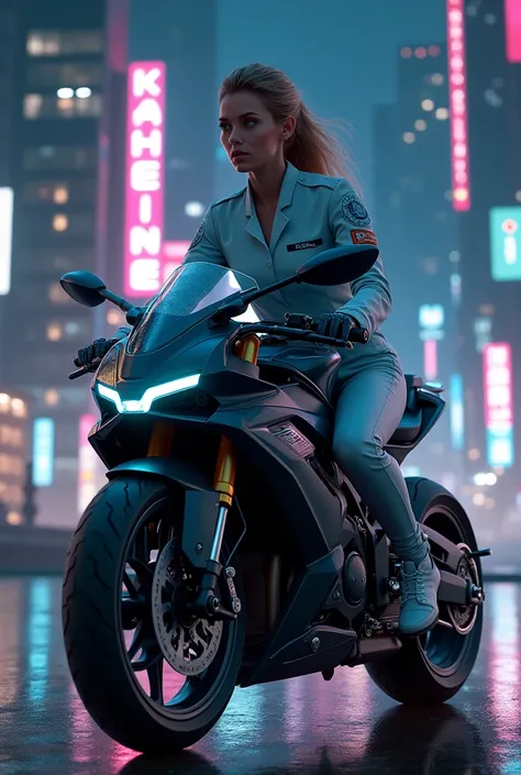 Logotype, Age 22 girl, Nursegirl on future black motorbike, night ride background, displays title [ katherine ] on the main